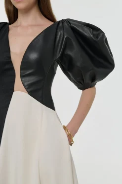 Sephir Puff Sleeve Maxi Dress in Ivory Silk Wool Cady, Black Linen Slub & Leather