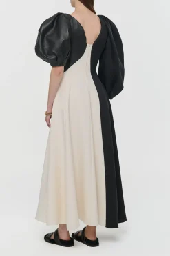 Sephir Puff Sleeve Maxi Dress in Ivory Silk Wool Cady, Black Linen Slub & Leather