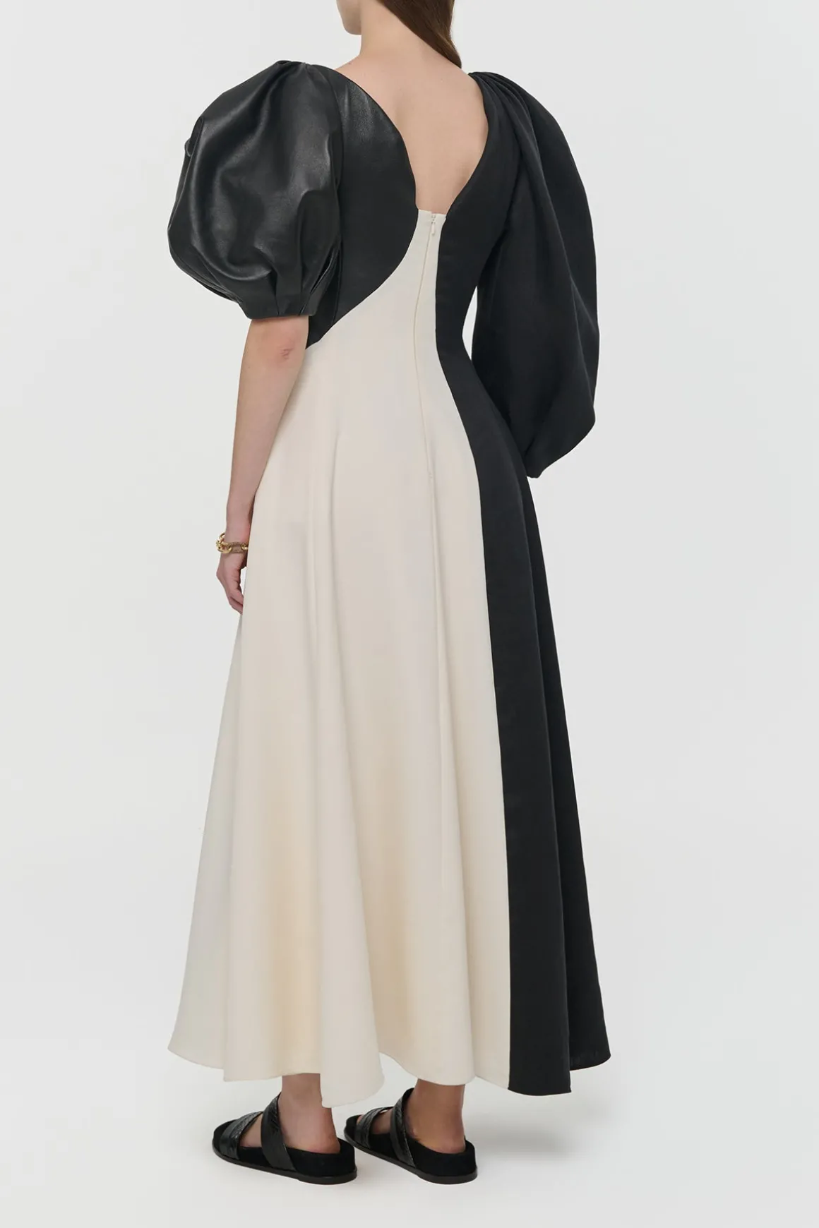 Sephir Puff Sleeve Maxi Dress in Ivory Silk Wool Cady, Black Linen Slub & Leather