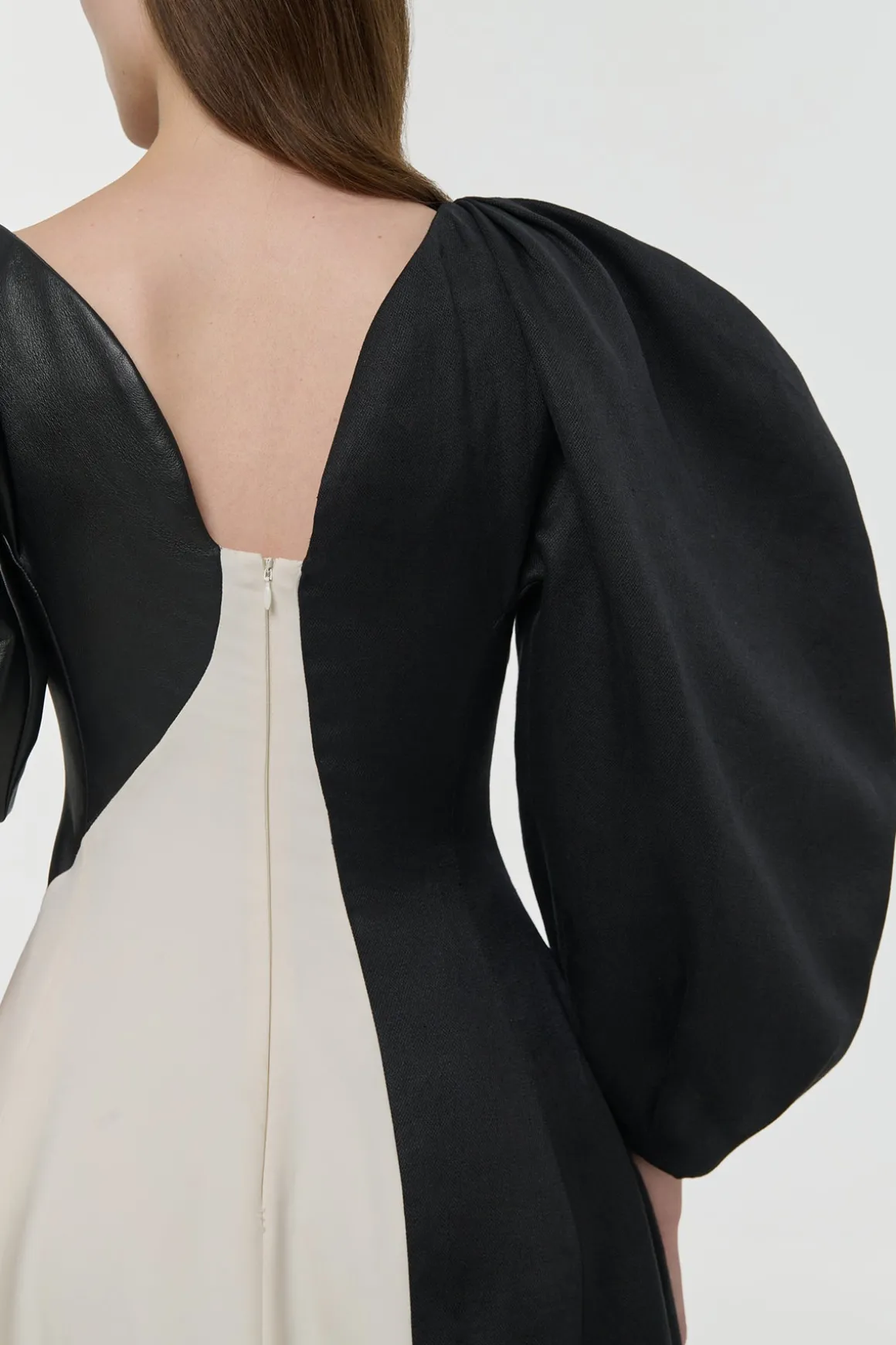 Sephir Puff Sleeve Maxi Dress in Ivory Silk Wool Cady, Black Linen Slub & Leather