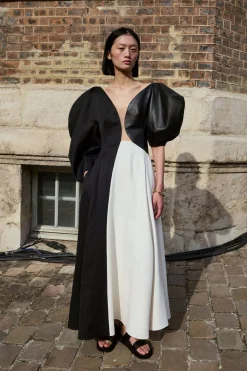 Sephir Puff Sleeve Maxi Dress in Ivory Silk Wool Cady, Black Linen Slub & Leather