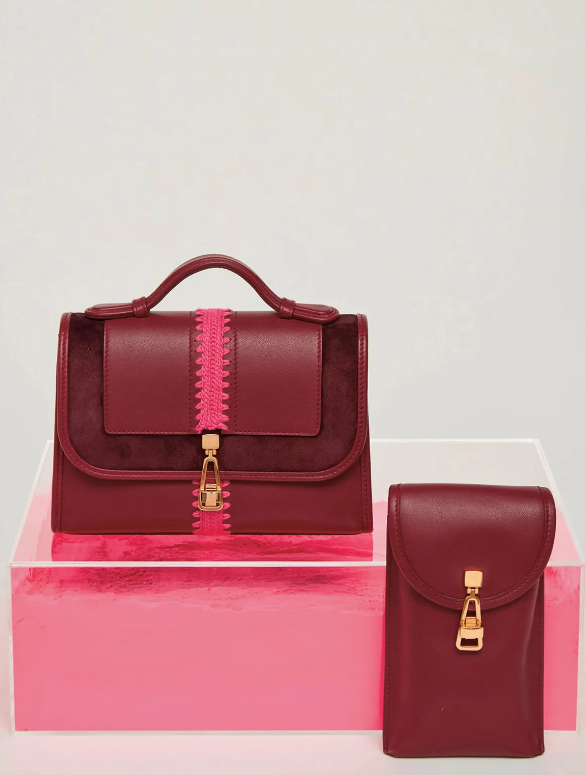 Small Leonora Flap Embroidered Bag in Bordeaux & Fuchsia Nappa Leather