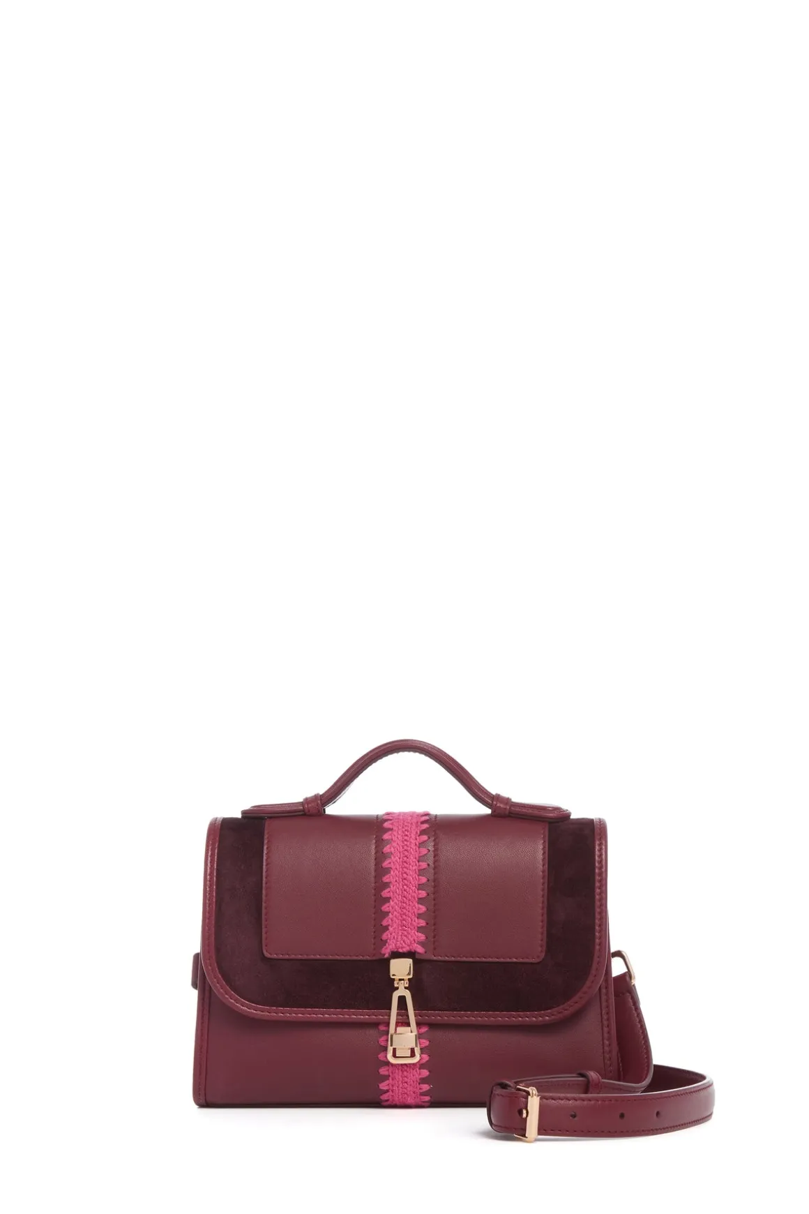Small Leonora Flap Embroidered Bag in Bordeaux & Fuchsia Nappa Leather