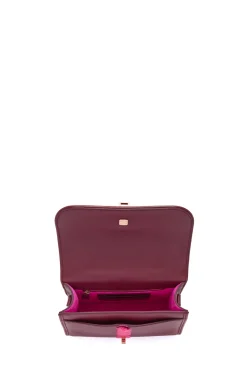 Small Leonora Flap Embroidered Bag in Bordeaux & Fuchsia Nappa Leather