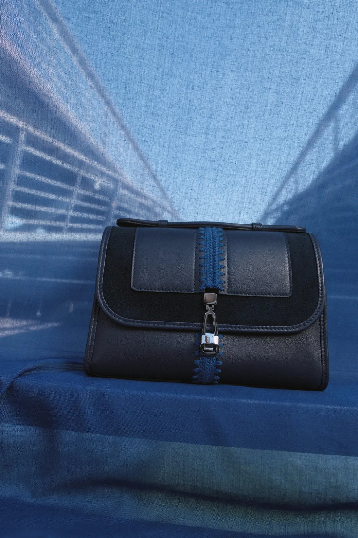 Small Leonora Flap Embroidered Bag in Electric Navy & Cobalt Nappa Leather