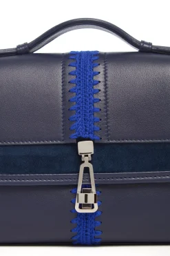 Small Leonora Flap Embroidered Bag in Electric Navy & Cobalt Nappa Leather