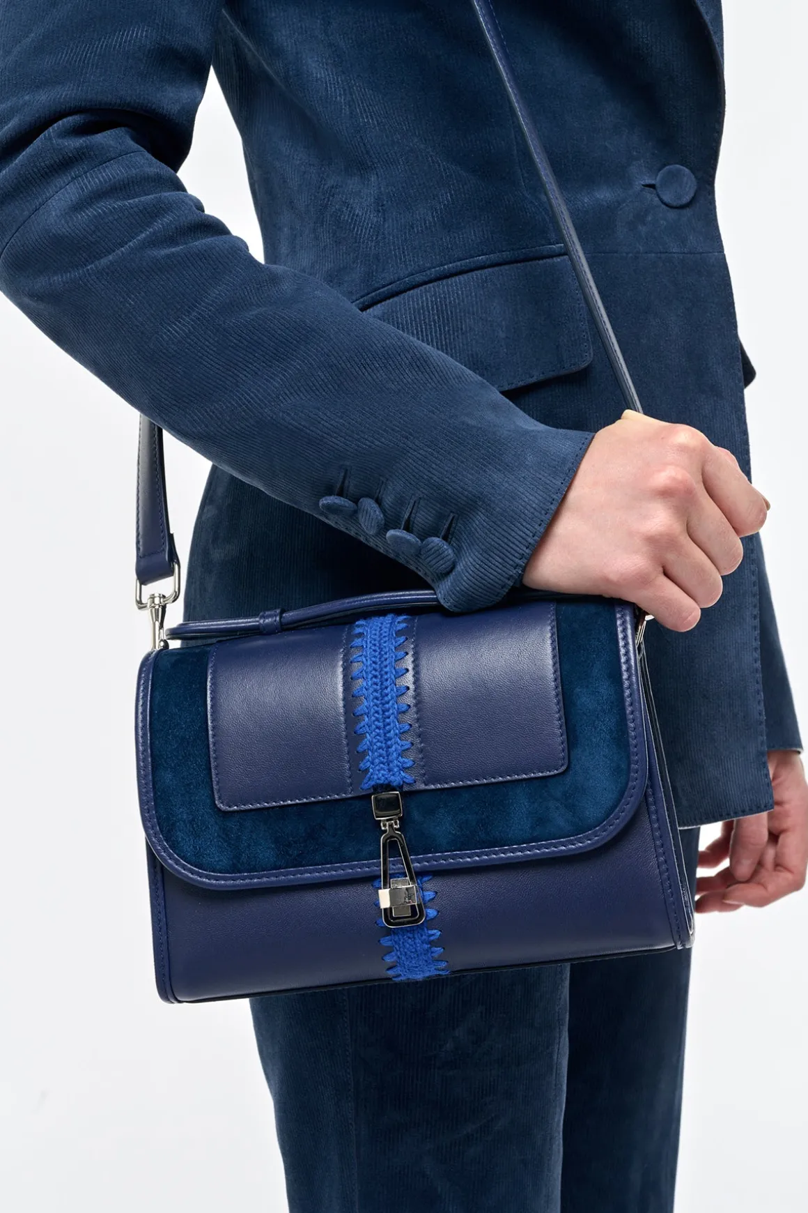 Small Leonora Flap Embroidered Bag in Electric Navy & Cobalt Nappa Leather