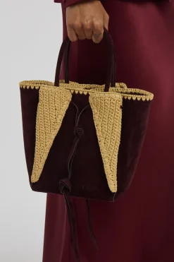Small Marija Tote Bag in Bordeaux Suede & Raffia