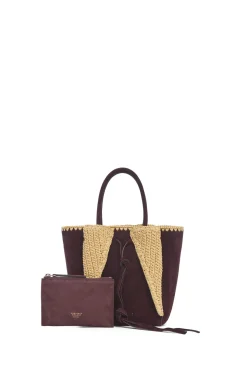 Small Marija Tote Bag in Bordeaux Suede & Raffia
