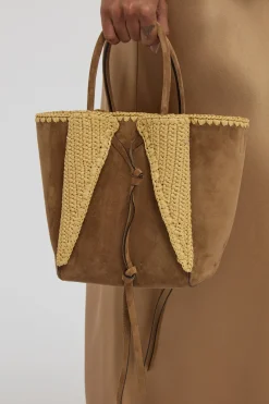 Small Marija Tote Bag in Dark Sand Suede & Raffia