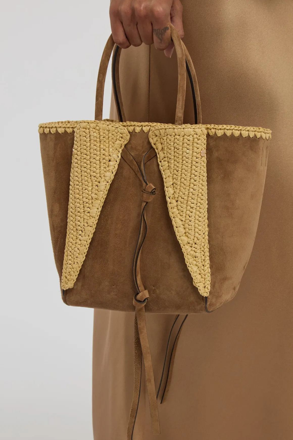 Small Marija Tote Bag in Dark Sand Suede & Raffia
