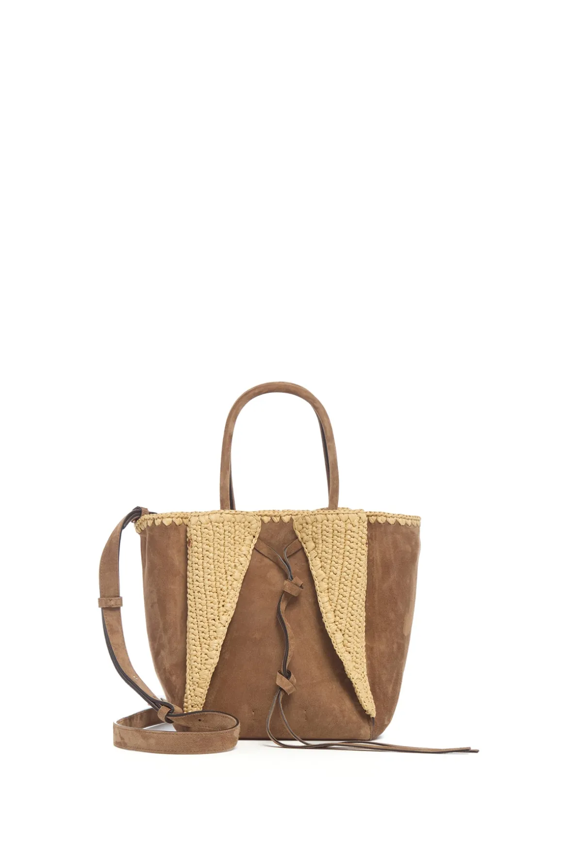 Small Marija Tote Bag in Dark Sand Suede & Raffia
