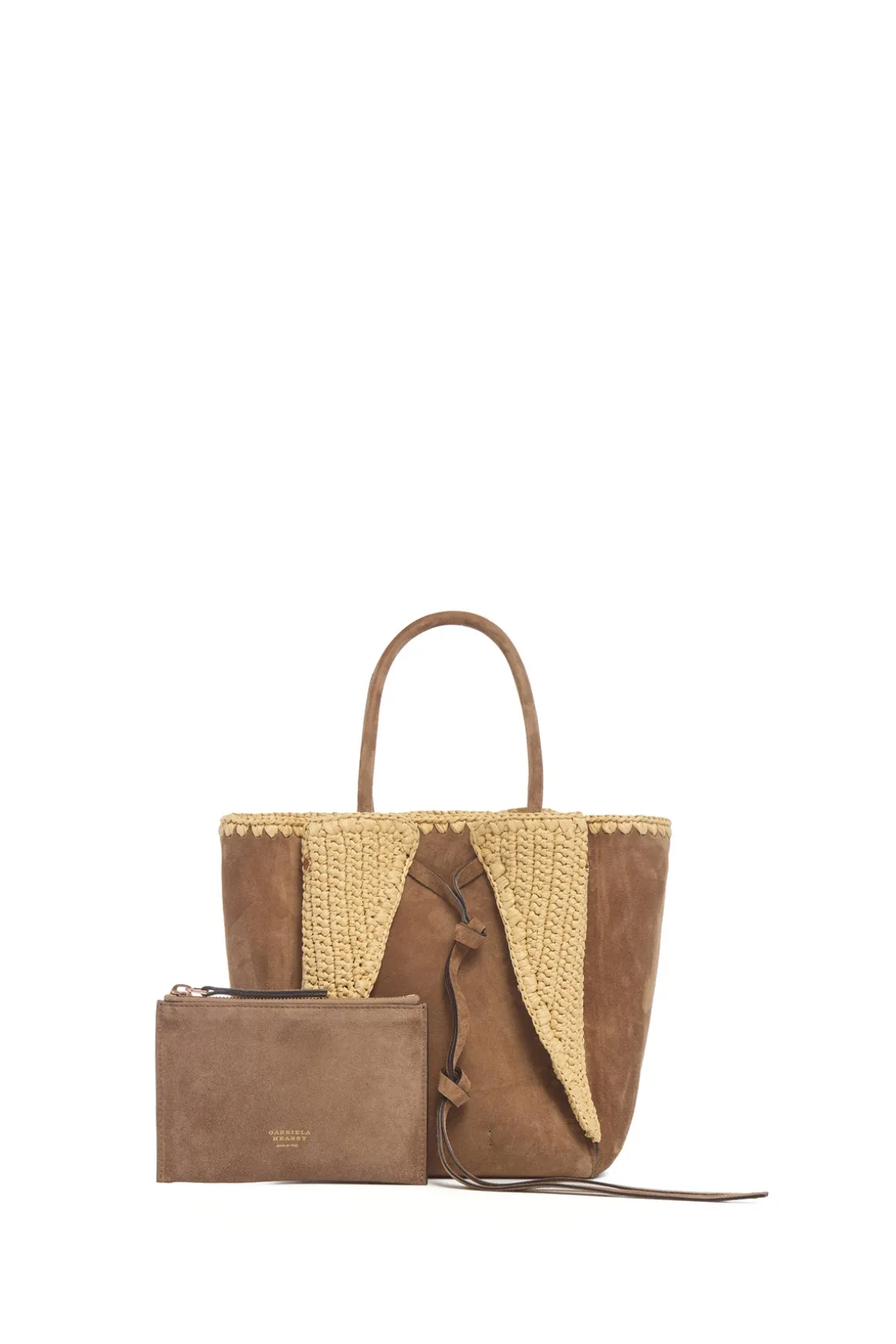 Small Marija Tote Bag in Dark Sand Suede & Raffia