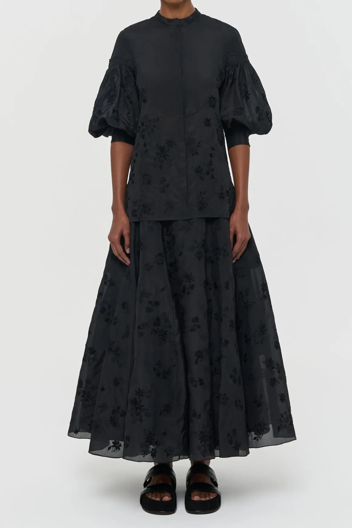 Sofia Mia's Flowers Blouse in Black Embroidered Silk Organza