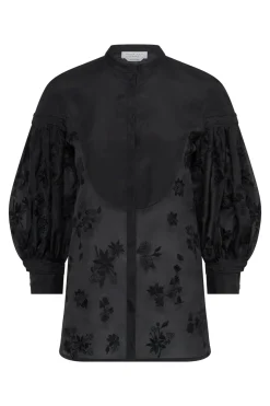 Sofia Mia's Flowers Blouse in Black Embroidered Silk Organza