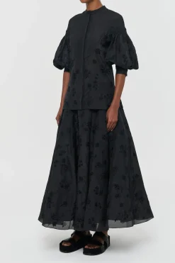 Sofia Mia's Flowers Blouse in Black Embroidered Silk Organza