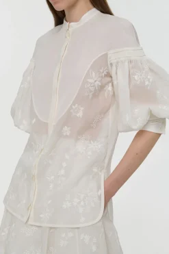 Sofia Mia's Flowers Blouse in Ivory Embroidered Silk Organza