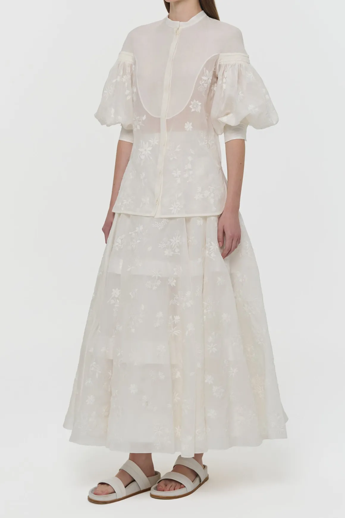 Sofia Mia's Flowers Blouse in Ivory Embroidered Silk Organza