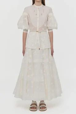 Sofia Mia's Flowers Blouse in Ivory Embroidered Silk Organza