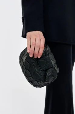 Soft Demi Embroidered Leaves Clutch in Black Nappa Leather