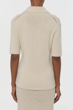 Sohan Knit Short Sleeve Polo in Off White Cashmere