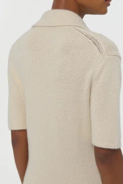 Sohan Knit Short Sleeve Polo in Off White Cashmere