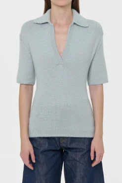 Sohan Knit Short Sleeve Polo in Light Blue Cashmere