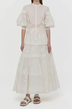 Sonya Mia's Flowers Maxi Skirt in Ivory Embroidered Silk Organza
