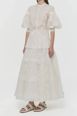 Sonya Mia's Flowers Maxi Skirt in Ivory Embroidered Silk Organza