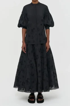 Sonya Mia's Flowers Maxi Skirt in Black Embroidered Silk Organza