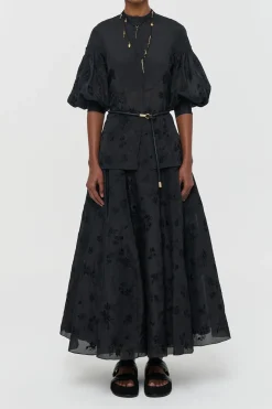 Sonya Mia's Flowers Maxi Skirt in Black Embroidered Silk Organza