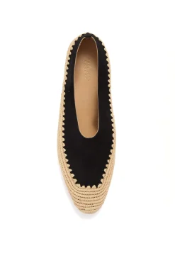 Strength Flat Shoe in Black Suede & Natural Raffia