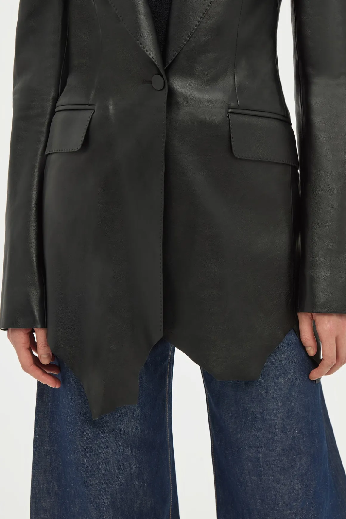 Sybel Raw Cut Blazer in Black Soft Leather