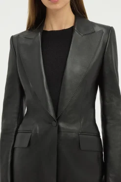Sybel Raw Cut Blazer in Black Soft Leather