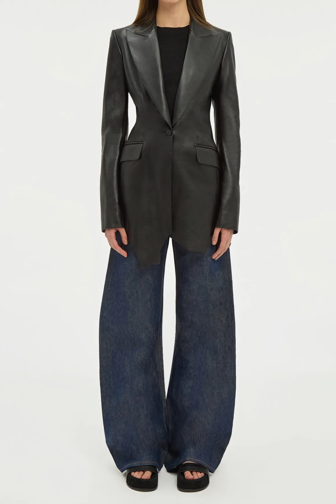 Sybel Raw Cut Blazer in Black Soft Leather