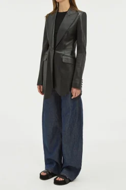 Sybel Raw Cut Blazer in Black Soft Leather