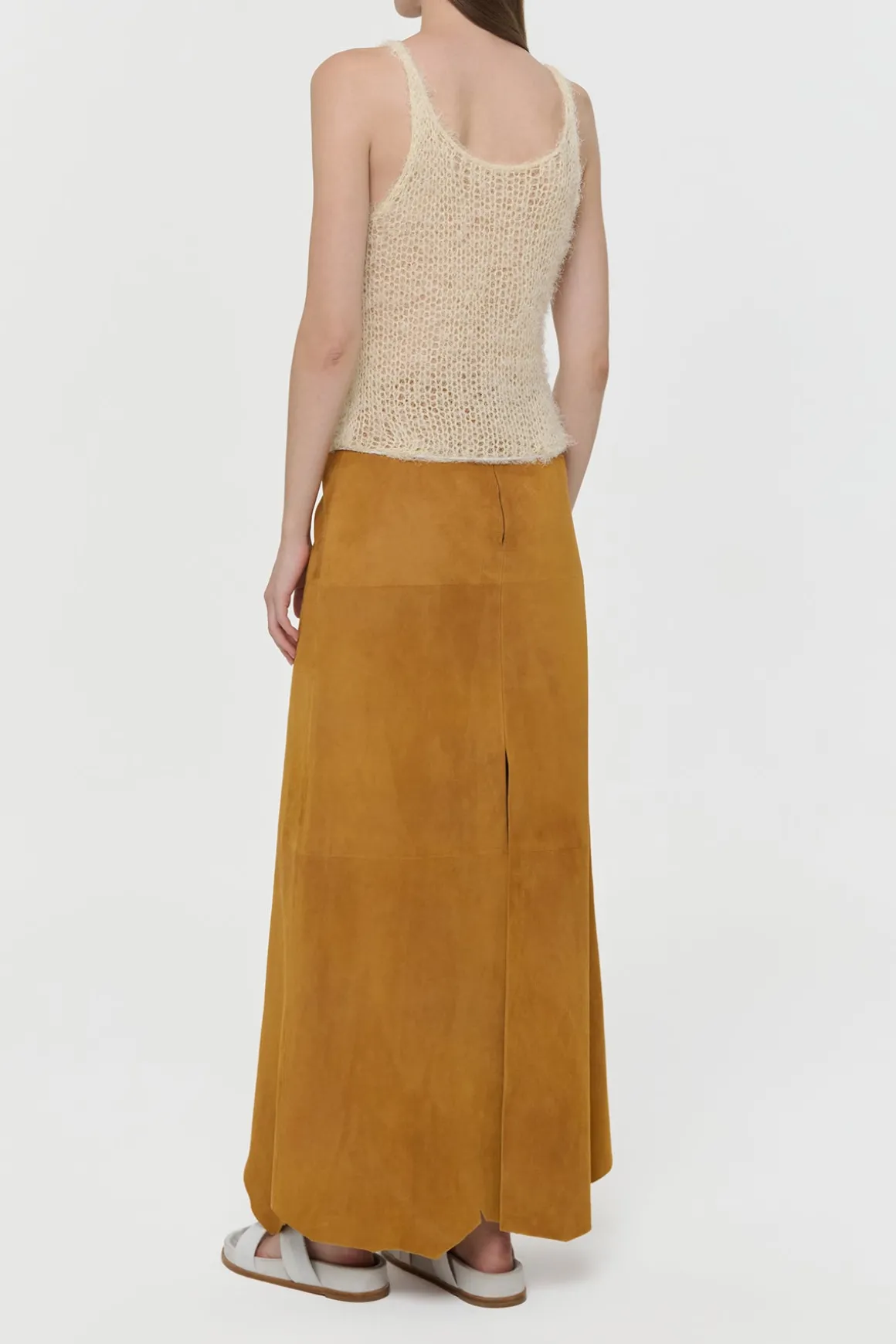 Talor Raw Cut Maxi Skirt in Cashew Suede