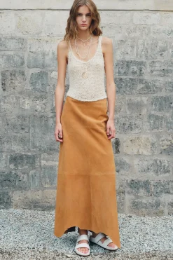 Talor Raw Cut Maxi Skirt in Cashew Suede