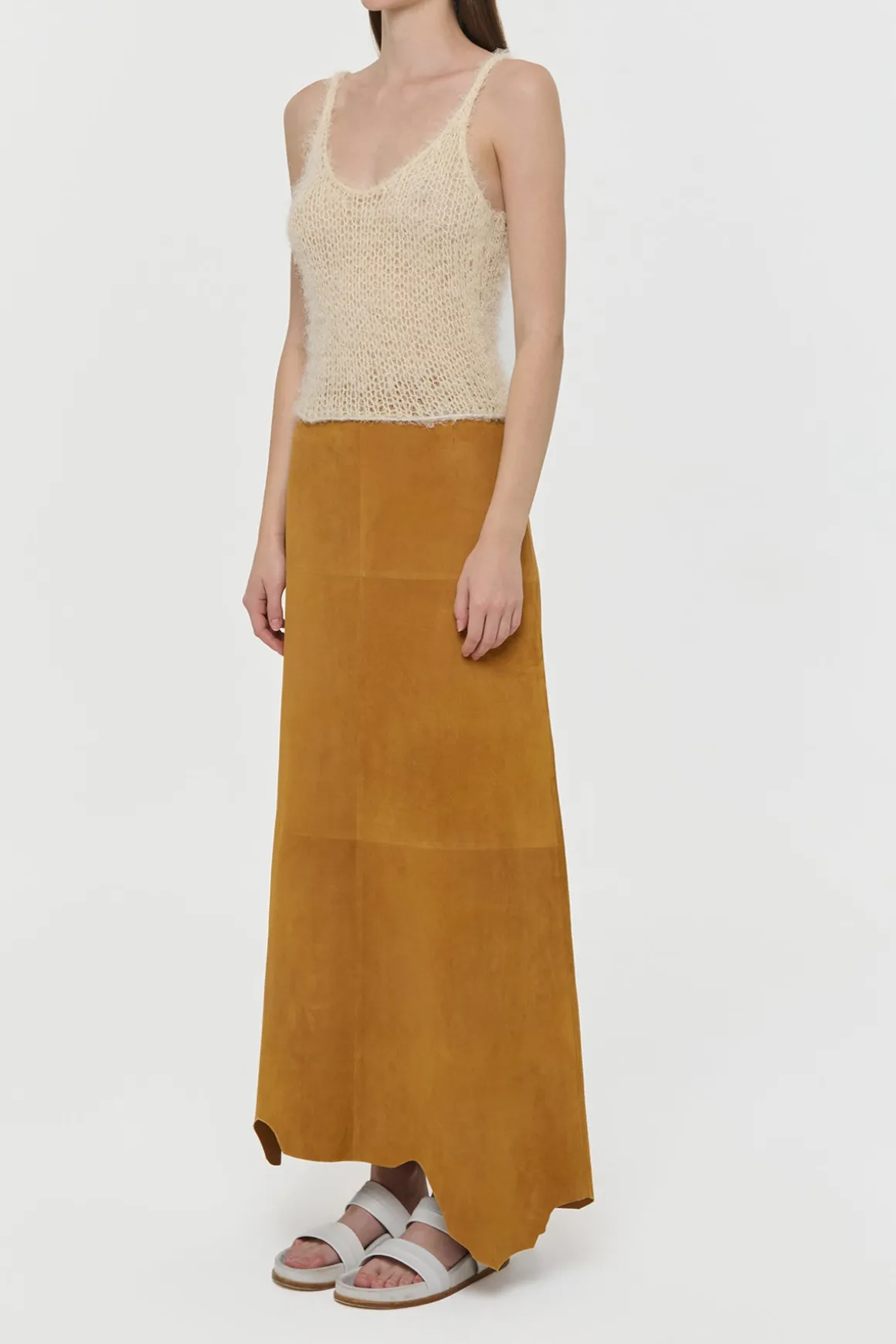 Talor Raw Cut Maxi Skirt in Cashew Suede