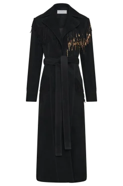 Thaniel Fringe Trench Coat in Black Suede with Charms