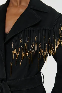 Thaniel Fringe Trench Coat in Black Suede with Charms