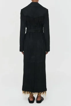 Thaniel Fringe Trench Coat in Black Suede with Charms