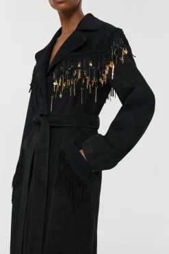 Thaniel Fringe Trench Coat in Black Suede with Charms