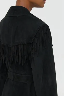 Thaniel Fringe Trench Coat in Black Suede with Charms