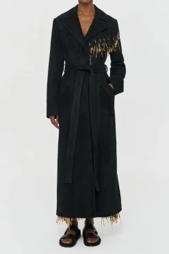 Thaniel Fringe Trench Coat in Black Suede with Charms