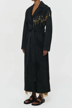 Thaniel Fringe Trench Coat in Black Suede with Charms