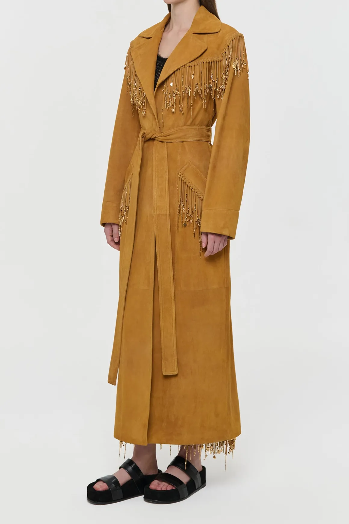 Thaniel Fringe Trench Coat in Cashew Suede with Charms