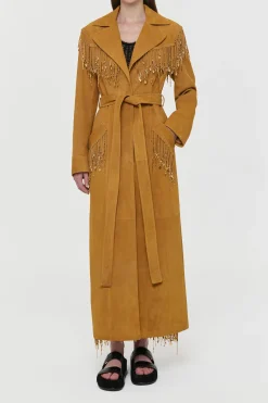 Thaniel Fringe Trench Coat in Cashew Suede with Charms