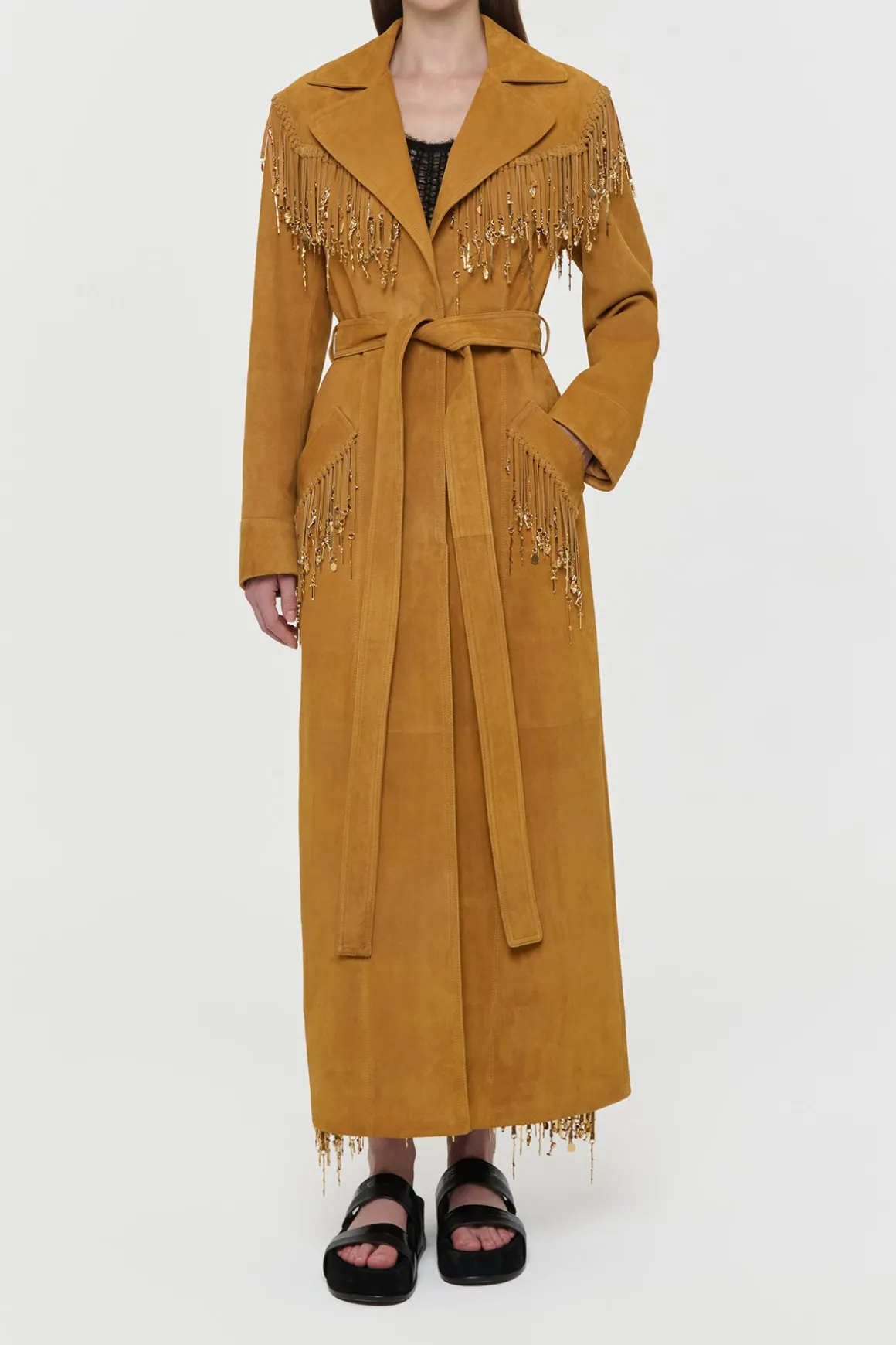 Thaniel Fringe Trench Coat in Cashew Suede with Charms