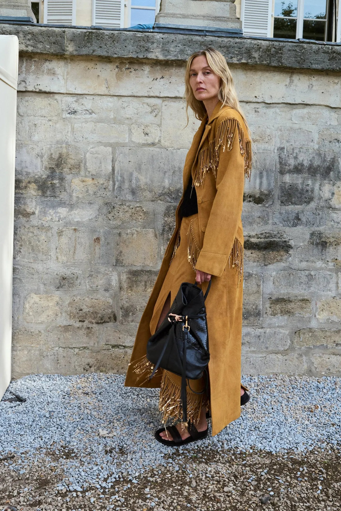 Thaniel Fringe Trench Coat in Cashew Suede with Charms